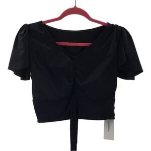 BLOOMCHIC SZ 14-16 1X Black V-Neck Ruffle Short Sleeve Pullover Crop Top NWT B19